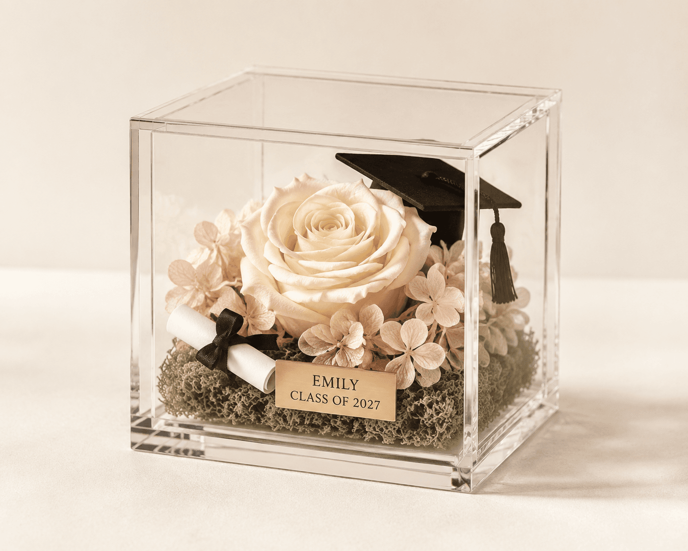 Personalized preserved rose gift inside a clear acrylic box